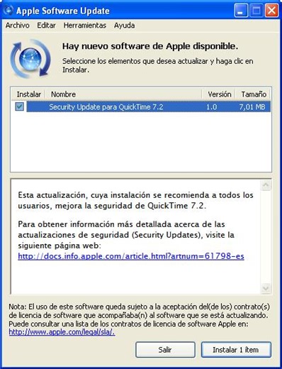Actualización de QuickTime 7.2 para Windows
