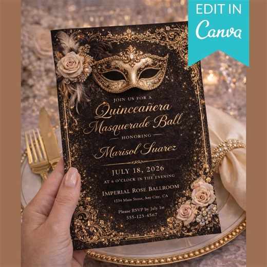 Masquerade Quinceañera Invitation Template | Black & Gold Quince Masquerade Ball Invite | Elegant Editable 5x7 Digital| Canva Invite Quince - Etsy