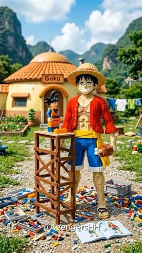 Lego Goku Builds a lego Luffy Statue #goku #luffy