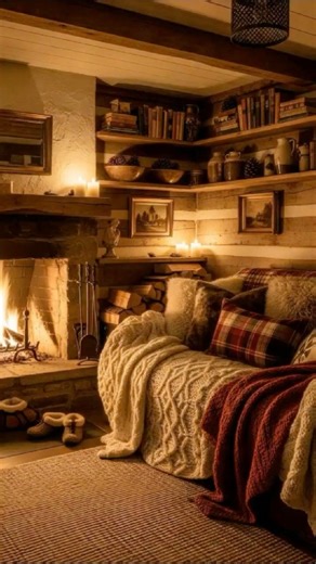 Cozy Cabin Living Room – Crackling Fireplace on a Snowy Night