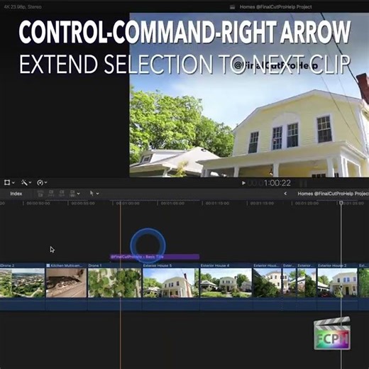 Final Cut Pro Shortcut | Control-Command-Right Arrow | Extend Selection to Next Clip