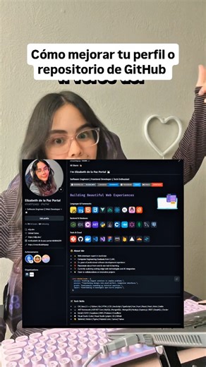 Elizabeth de la Paz ✨ on Instagram: "¿Quieres que tu perfil de GitHub destaque y refleje tu estilo? En este video te muestro cómo mejorar tu perfil de GitHub usando recursos totalmente gratuitos 💻✨ Tener un perfil de GitHub limpio y atractivo es mucho mejor cuando quieres demostrar tu compromiso con la programación. Recursos Esenciales para Tu perfil de GitHub en programación. Recursos gratuitos. [coding, programming, computer science, informatics, student, student, computer science stud