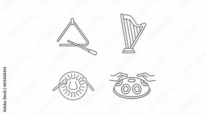 Animated music performing icons. Orchestral equipment line animation library. Triangle music, hang drum. Black illustrations on white background. HD video with alpha channel. Motion graphic