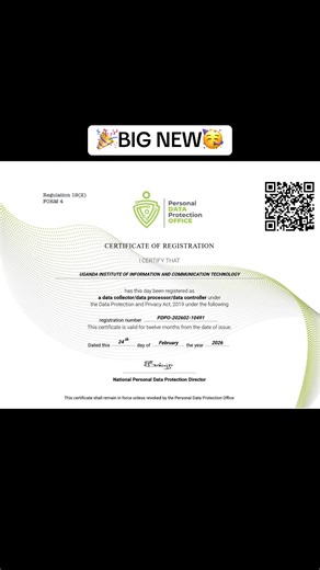 🎉BIG NEWS🎉 UICT has officially been registered as a Data Collector, Data Processor & Data Controller under the Data Protection and Privacy Act, 2019. For the Institute, this registration strengthens trust, accountability & responsible data management across its academic, administrative and digital systems. We are now entrusted with supporting government efforts to promote data privacy, digital trust, and responsible use of data in the country’s growing digital economy. #ThankYou @pdpoUG for th