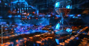 Hourglass with sand transforming into binary code, illustrating the transient nature of time in the age of big data. Big data visualization
