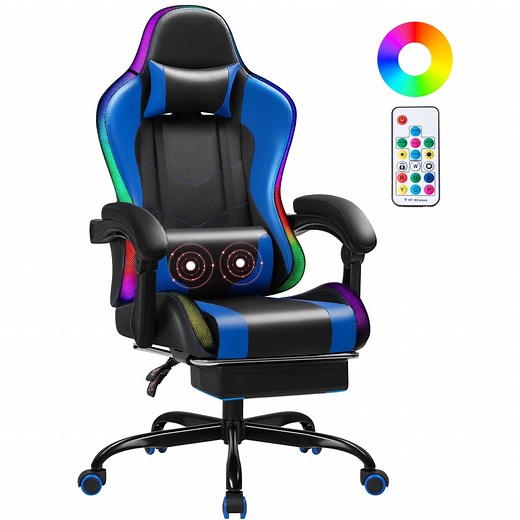 Homall RGB Gaming Chair with APP & Remote Control, LED Lights Ergonomic Computer Chair with Footrest & Massage Lumbar Support, Blue