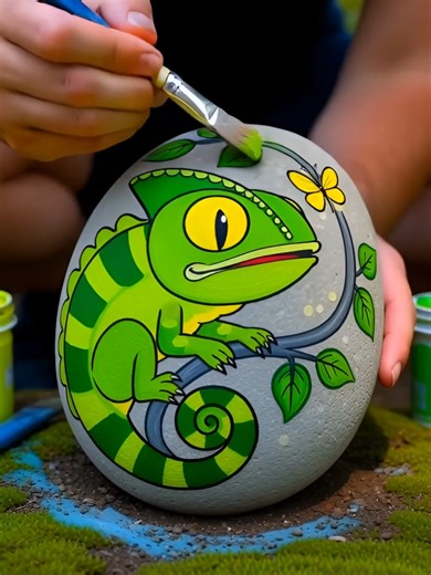 Green Chameleon Painted Rock Art