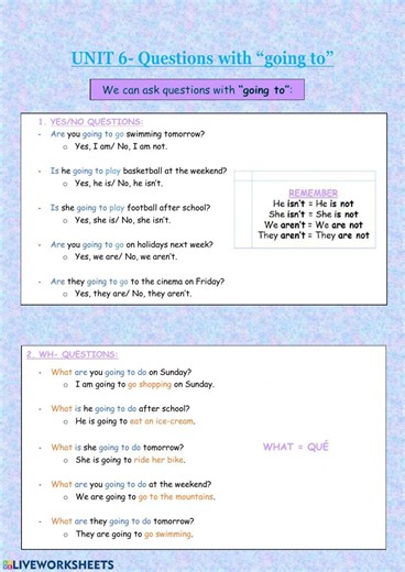 Going to: questions. worksheet