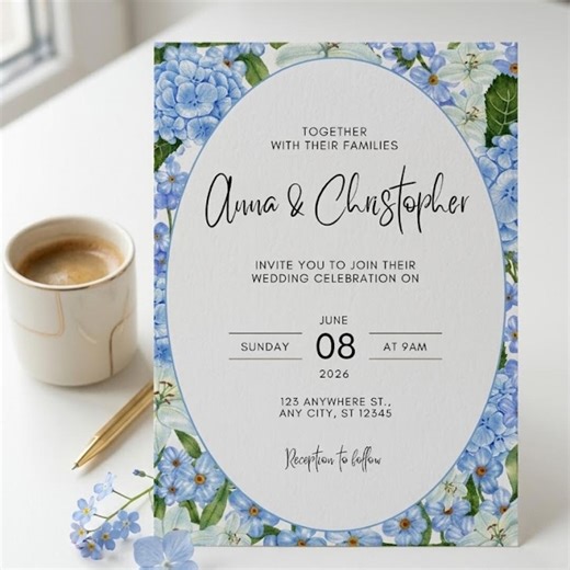 Editable Blue Hydrangea Wedding Invitation Template, Floral Wedding Invite (instant Download) - Etsy
