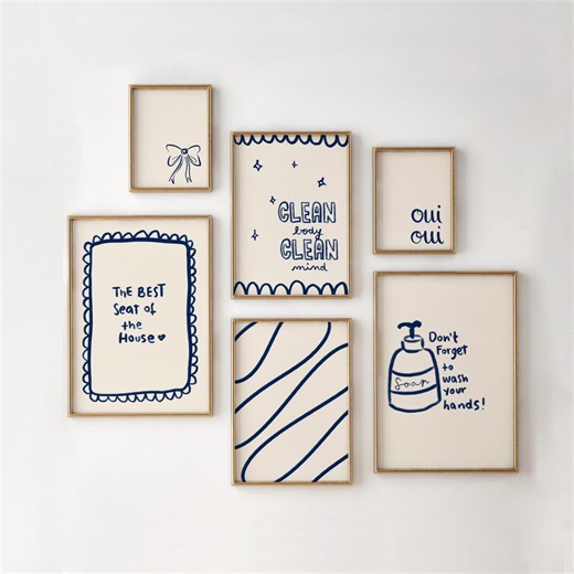 Navy Blue Bathroom Wall Art Set of 6: Printable Doodle Prints, Minimal Laundry Posters - Etsy
