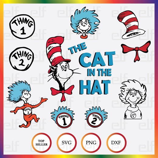 Dr. Seuss SVG Bundle: Cat in the Hat, Things (instant Download, PNG, Dxf) - Etsy