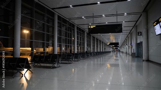 vacant terminal corridor with reflective surfaces and subdued lighting