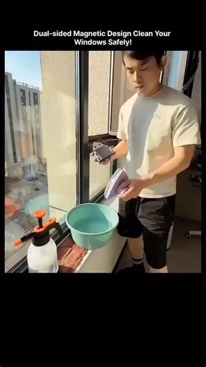 The Mind Matrix on Instagram: "This post captures a person using a magnetic window cleaner to safely clean both the inside and outside of a high-rise window simultaneously. This type of tool makes it possible to clean the exterior of windows without needing to lean outside. Type: Double-sided magnetic glass cleaner. Functionality: Uses strong magnets to link the two halves through the glass, allowing the outside cleaner to mimic the movement of the inside one. Safety: Designed for high-rise wind