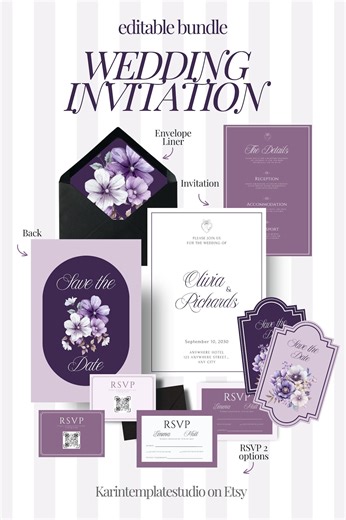Spring Wedding Invitation Bundle, Lilac Wedding Save the Date Template Canva, Floral Wedding Cricut Suite, Editable Wedding Save the Date - Etsy