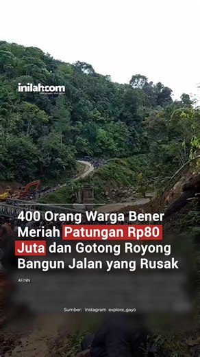 Ratusan warga Kecamatan Mesidah, Kabupaten Bener Meriah, Aceh, bergotong royong memperbaiki jalan yang menjadi akses utama menuju 14 desa. Perbaikan dilakukan secara swadaya dengan dukungan pemerintah daerah berupa alat pemadat serta material pasir dan koral. Semangat warga juga terlihat dari penggalangan dana mandiri. Selain biaya perbaikan yang telah dihimpun, warga berhasil mengumpulkan donasi hingga Rp80 juta untuk mendukung proses perbaikan jalan tersebut. - Selengkapnya kunjungi website de