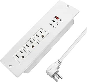 45W Recessed Power Strip USB C, Flush Mount Desk Extender 3 AC Outlets 2 PD USB-C&1 Fast Charge USB-A Ports,Flat Plug Extension Cord for Drawer Cabinet Countertop Table Conference White