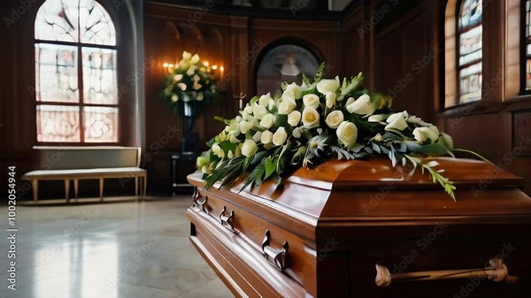 A serene memorial service featuring a beautifully adorned casket and floral arrangements, capturing moments of reflection and remembrance in a quiet chapel during daylight hours