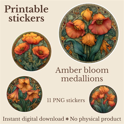Amber Bloom Medallions Printable Stickers - Vintage Floral Circles - 11 PNG + PDF Sheets - Digital Download - Etsy