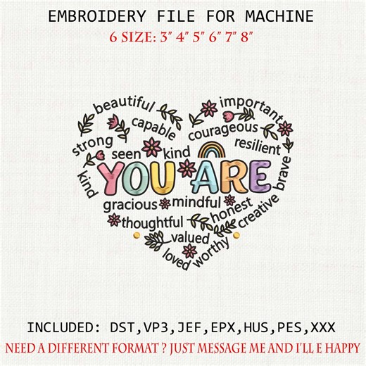 You Are Heart Embroidery Design, Positive Words Embroidery File, Motivation Heart Pattern, Inspirational Machine Embroidery, Uplifting Gift - Etsy