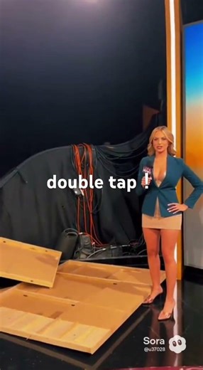 A female news anchor who keeps reading the news even as the backdrop collapses behind her.