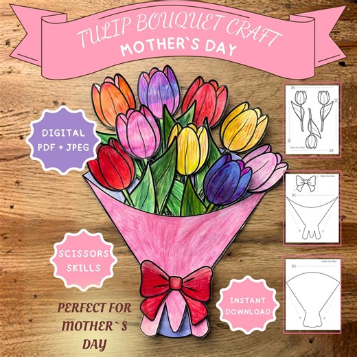 Flower Tulip Bouquet Paper Craft, Easy Preschool Activity, Kindergarten Art Printable, Cut and Build PDF, Fun Activities for Kids - Etsy