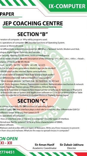 Target Paper - Computer (Theory) - IX - BSEK - Board of Secondary Education Karachi 2026 - Science