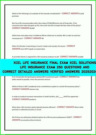 XCEL LIFE INSURANCE FINAL EXAM XCEL SOLUTIONS LIFE INSURANCE EXAM 250 QUESTIONS AND CORRECT DETAILED
