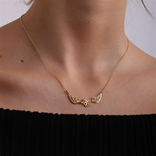 Personalized Angel Wing Necklace, Birth Month Flower Pendant, Memorial Jewelry Custom Jewelry,memorial Jewelry, Sympathy Gift - Etsy