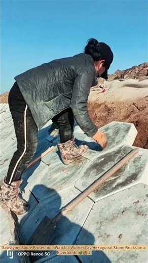Satisfying Slope Protection: Watch a Worker Lay Hexagonal Stone Bricks on a Riverbank! 🌾🦀↓
