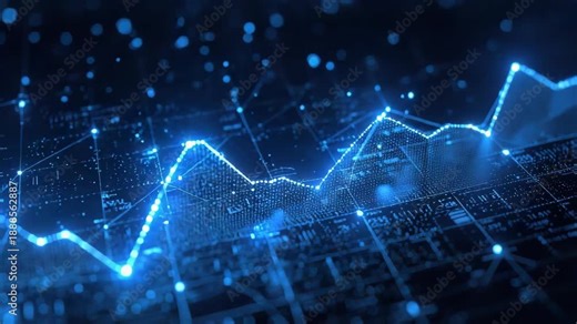 Glowing blue data graph line visualization merging rising peaks and digital network energy