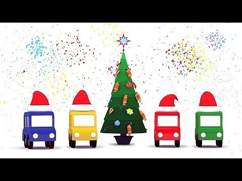 4 coches coloreados celebran la Navidad. Dibujos animados.