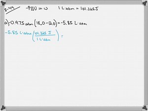 A reaction inside a cylindrical container with a movable piston causes the volume to change from 12.0 L to 18.0 L while the pressure outside the container remains constant at 0.975 atm. The volume of a cylinder is V=πr^2 h, where h is the height; 1 L ·atm =101.325 J. ) (a) What is the value in joules of the work w done during the reaction? (b) The diameter of the piston is 17.0 cm . How far does the piston move? | Numerade