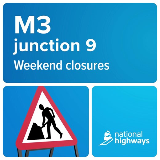 The M3 in Hampshire will be closed in both directions between junctions 8 and 9 this weekend. ➡️9pm Friday 13 February to 6am Monday 15 February 2026. A local diversion route will be in place, but we advise any large vehicles, lorries or freight travelling to and from the coast to use the A3 instead of the M3 over this weekend. Find out more: https://nationalhighways.co.uk/our-roads/south-east/m3-junction-9-improvements/ | National Highways