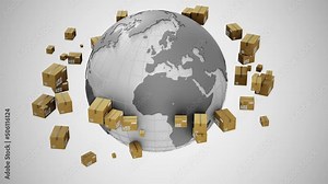 Parcel delivery in front of the globe animation on clear background. You can use it for a technology, stage, communication or social media background. Seamless loop. Stock Video