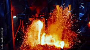 Inside a futuristic industrial factory,e glow of molten metal pouring from pipes and cauldrons. a malfunction causes an explosion of sparks and flame, and a torrent of liquid metal The molten metal
