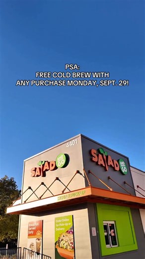 3K views · 14 reactions | FREE COLD BREW with any purchase, TODAY ONLY (9/29)! Mention the deal in the drive-thru or use code BREW4YOU online or in the app! | Salad and Go | Facebook