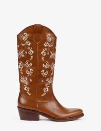 Goldie Embroidered Leather Boot - Tan