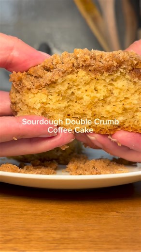 Sourdough Double Crumb Coffee Cake 🤎 A soft, tender cake with a double layer of buttery cinnamon crumbs—plus a little sourdough discard for flavor moisture. Link in bio to grab some of our LIVE sourdough starter!🍞 Ingredients • 2 cups (250g) flour • 1 cup 2 Tbsp (225g) sugar • 1 tsp salt • 12 Tbsp (170g) cold butter • 1 tsp baking powder • 1/2 tsp baking soda • 3/4 cup (180ml) buttermilk, room temp • 1/4 cup sourdough discard • 1 egg, room temp • 2 tsp vanilla • 2/3 cup (133g) brown sugar • 2 