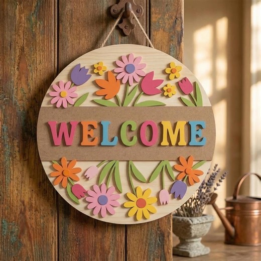 Welcome Door Hanger: Wooden Floral Wreath for Front Door Decor, Welcome Hanger, Farmhouse Decor - Etsy