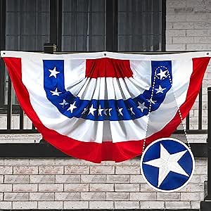 G128 USA Pleated Fan Flag 3x6 Ft American USA Bunting Flags Outdoor Embroidered Patriotic Memorial Day Independence Day 4th of July Decoration Red White Blue