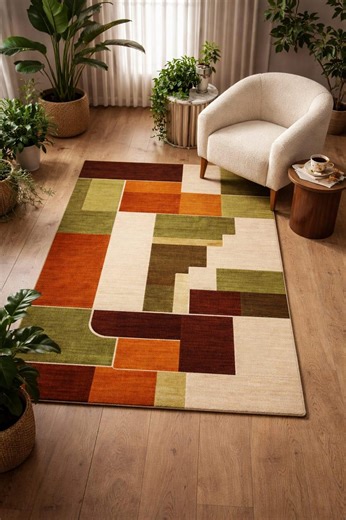 Modern Geometric Area Rug – Green Orange Brown Abstract Pattern Carpet for Living Room & Bedroom - Etsy UK