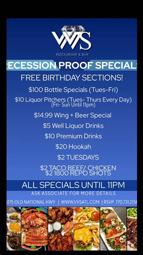 VVS RESTAURANT & BAR | Big flavors. Bigger deals. 💰🔥 VVS is keeping it Recession Proof with all your favorite food and drink specials, every day, all vibes, until... | Instagram