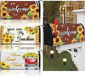 Menkxi 3 Pcs Summer Mailbox Covers 21 x 18 Inch Summer Sunflower Gnomes Magnetic Mailbox Covers Mailbox Wraps Post Letter Box Cover for Outdoor Garden
