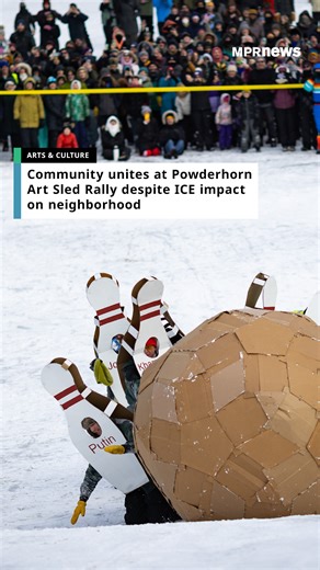 Hundreds of Minnesotans gathered for a chilly and icy afternoon of artfully decorated sleds in Powderhorn Park. Billed by organizers as the 97th annual “Art Sled Rally,” the event is known for its themes of whimsy and activism which reflect the south Minneapolis neighborhood’s history. Art sled designs featured a smokey the bear with a raised fist, a giant bottle of de-icer and a huge cardboard bowling ball barreling towards pins labeled as state leaders like “Trump,” “Putin” and “Netanyahu.” Th