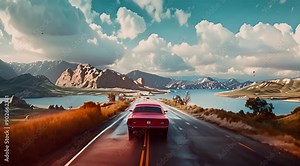 Classic Car Drive Through Stunning Mountain and Lake Landscape