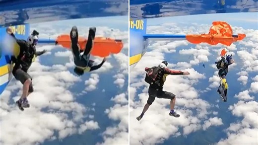 Horror moment skydiver's parachute gets CAUGHT on plane's tail