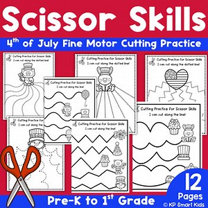 4th of July Scissor Skills Cutting Worksheets Fine Motor Practice for Grades K-1