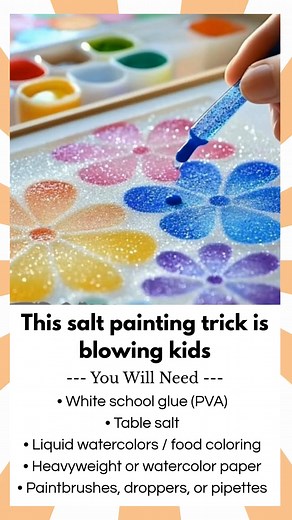 Full STEP BY STEP in First (C.o.ʍ.m.е.ո.τ) 👇 Enjoy ❤️👇👇 - - - - “This salt painting trick is blowing kids’ minds — and it only takes glue salt paint!” Parents can’t believe how simple (and magical!) this art-meets-science experiment is. With just glue, salt, and watercolors, kids can watch colors travel and bloom across the page like magic. 🤯🌈 🧪 Materials: • White school glue (PVA) • Table salt • Liquid watercolors / food coloring • Heavyweight or watercolor paper • Paintbrushes, droppers,