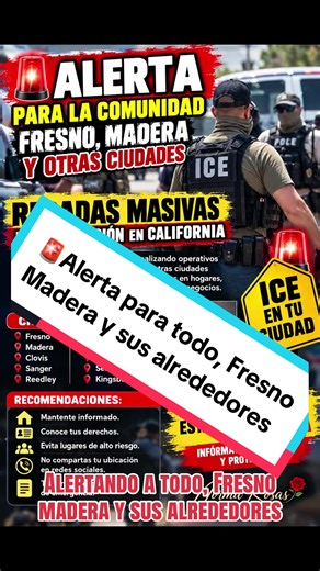 🚨🚨 ¡ALERTA PARA NUESTRA COMUNIDAD EN FRESNO, MADERA Y OTRAS CIUDADES DE CALIFORNIA! 🇺🇸🇲🇽 ⚠️ Ante los reportes de operativos y detenciones migratorias, hacemos un llamado a todas las familias de Fresno, Madera, Clovis, Sanger, Reedley, Visalia, Hanford, Tulare, Selma, Merced, Modesto, Stockton y comunidades cercanas a mantenerse informadas. 🚨 ¡ATENCIÓN, MI GENTE! No se dejen llevar por rumores. Verifiquen la información y conozcan sus derechos. 🏠 Tengan un plan de emergencia familiar, man
