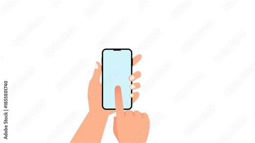 Flat vector animation of a hand tapping a smartphone showing a circular loading indicator. Clean mobile UI concept for processing, loading, progress, app interaction, and digital interface design.